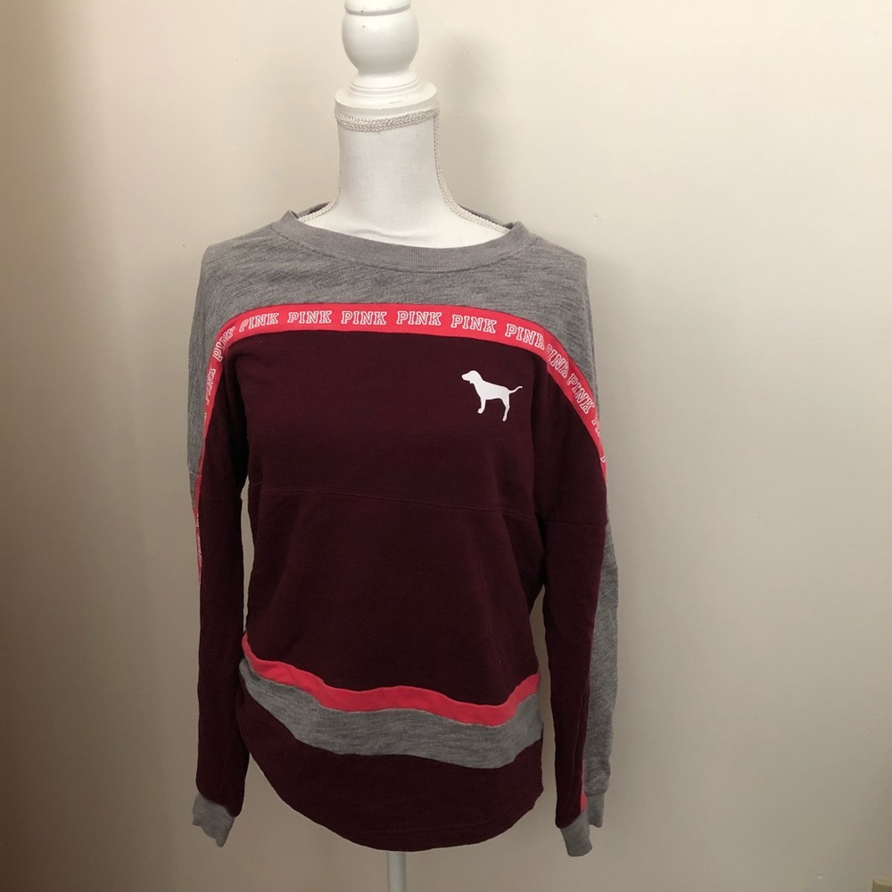 PINK Victoria's Secret by Victoria's Secret Maroon and Gray Long-Sleeve Pullover